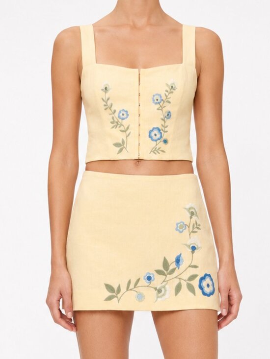 Reformation Dresses & Skirts - Reformation Juliet Linen Top + Ren Skirt Two Piece Set Parmesan Yellow Floral 6